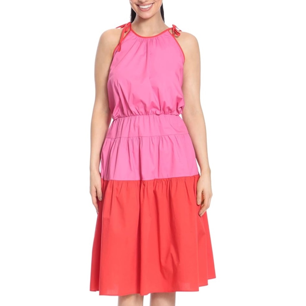 London Times Pink Red Color Block Shoulder Tie Halter A-line Dress Size Small
